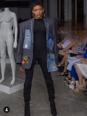 Black Pinstripe Blazer with Denim Patchwork & Floral Detail